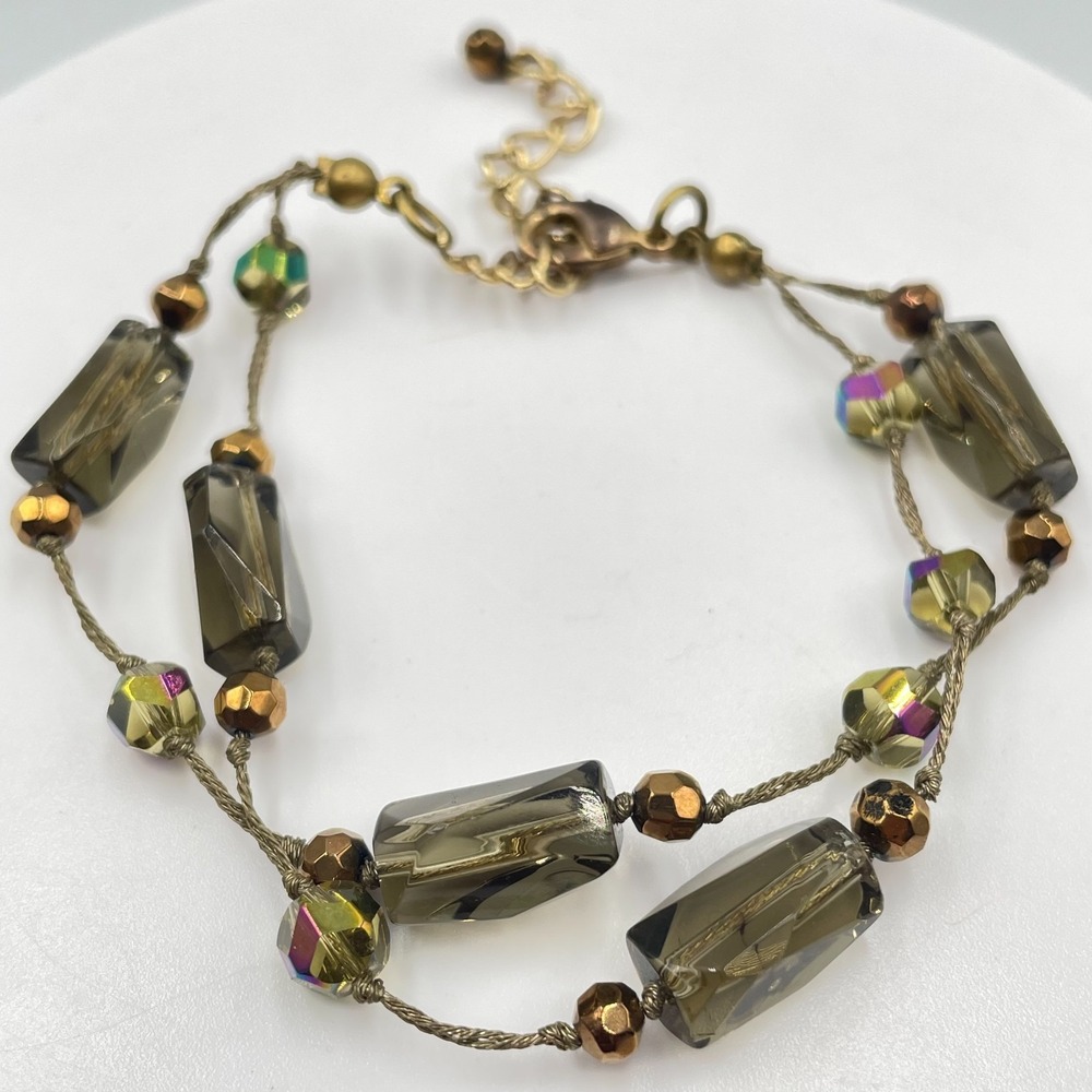 Vintage Earthy Double Strand Smoky Quartz Glass Bead Cord Clasp Bracelet Classic
